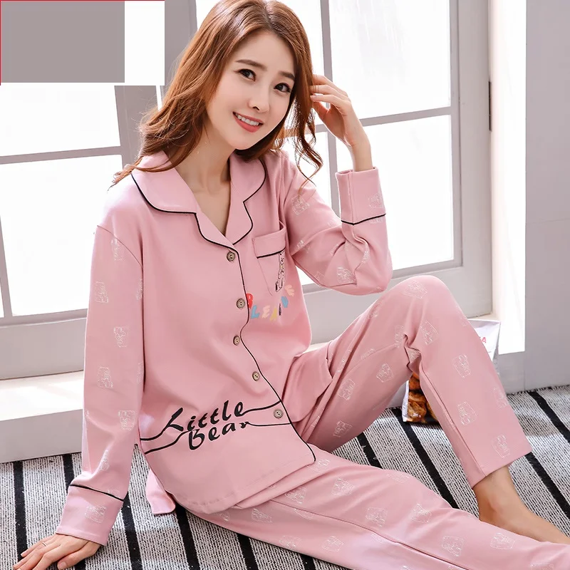 

Womens Button Pajamas Set Female Spring Autumn Cotton Long sleeves Loose Casual Loungewear Women's Print Two Piece Pyjamas Sets