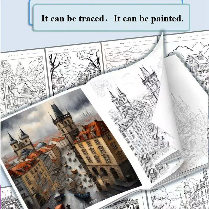 Artistic Drawing Practice Book - Landscape Tracing & Pen Control Coloring Books Adults Stress-Relief Pencil Sketch Album Art