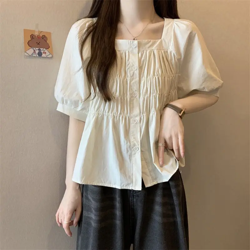 Gentle French Style Square Collar Blouse Female Clothing Solid Color Basic Summer Elegant Puff Sleeve Fashionable Folds Shirts