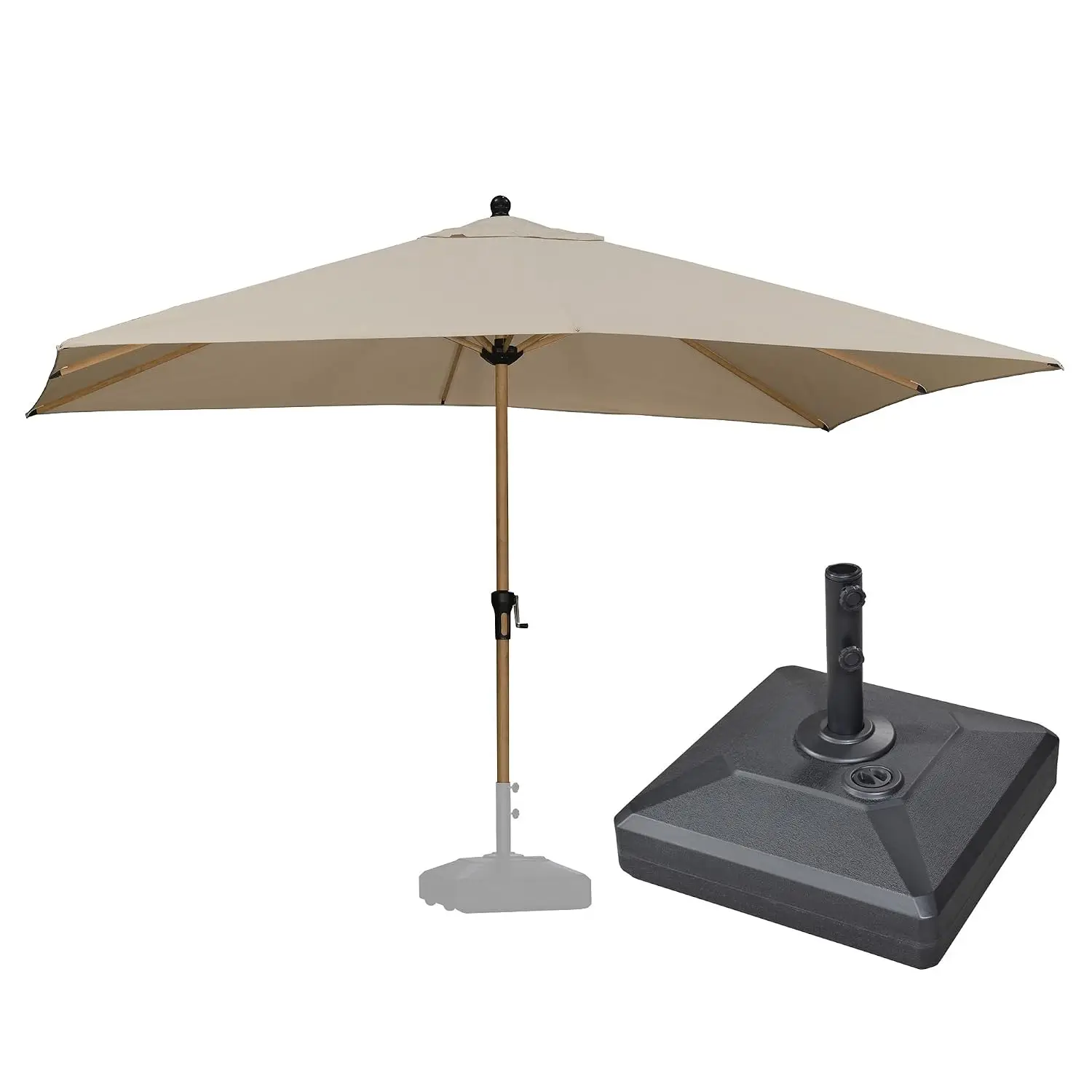 Patio Umbrella with Base 9' x 12' Wood-Grain Finish, Beige, Custom