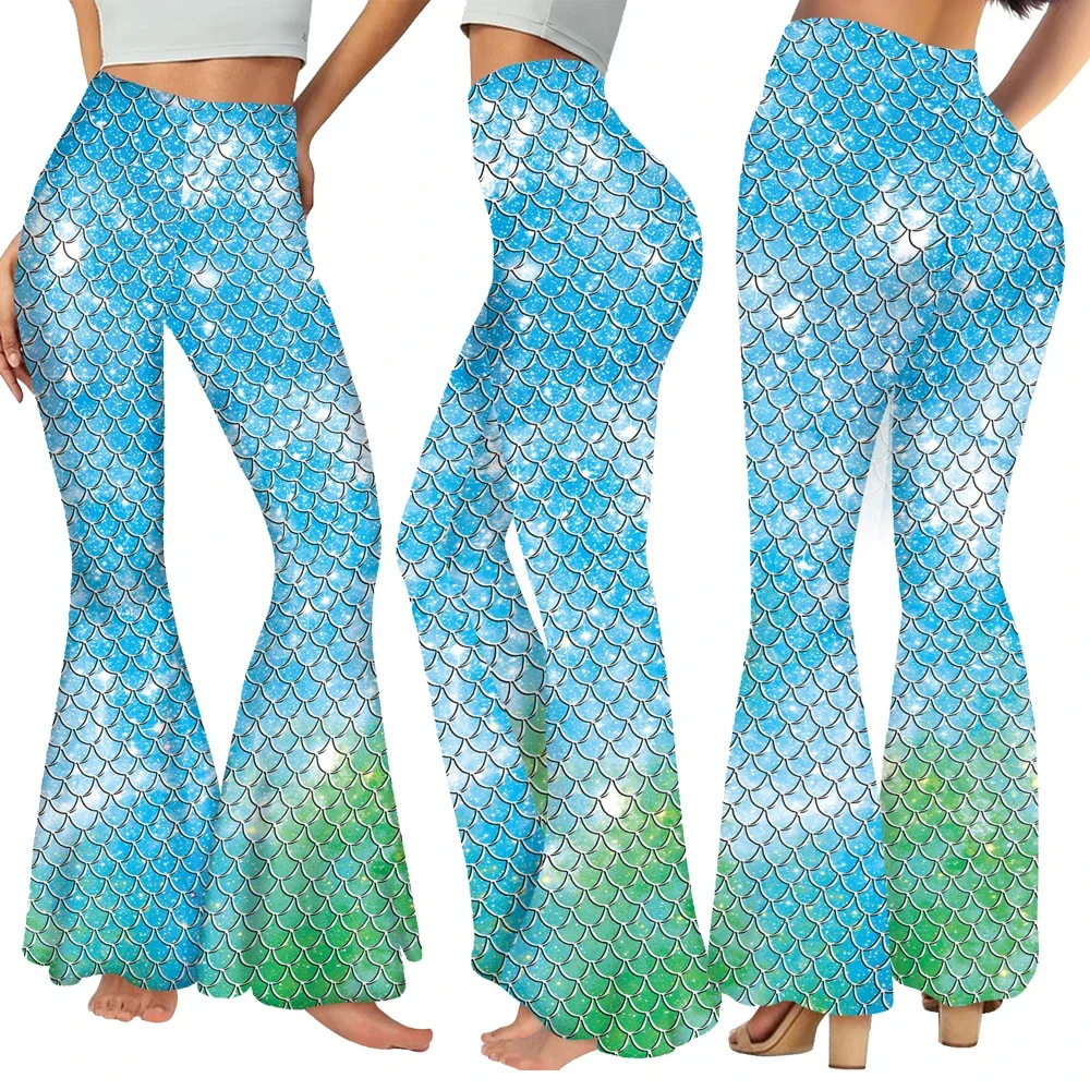 

Fashion Women Mermaid Fish Scale Print Bell Bottom Colorful Shiny Flared Pants Halloween Cosplay Party Carnival Trousers