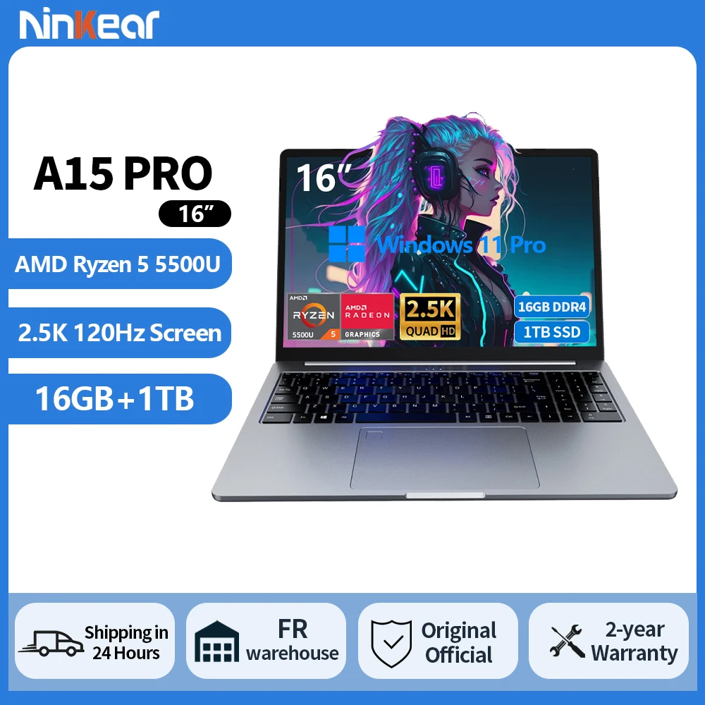 Ninkear A15 Pro Ordinateur Portable AMD Ryzen 5 5500U 16" Écran 2.5K 120Hz 16GB 1TB Déverrouillage par Empreinte PC Portable Bureau