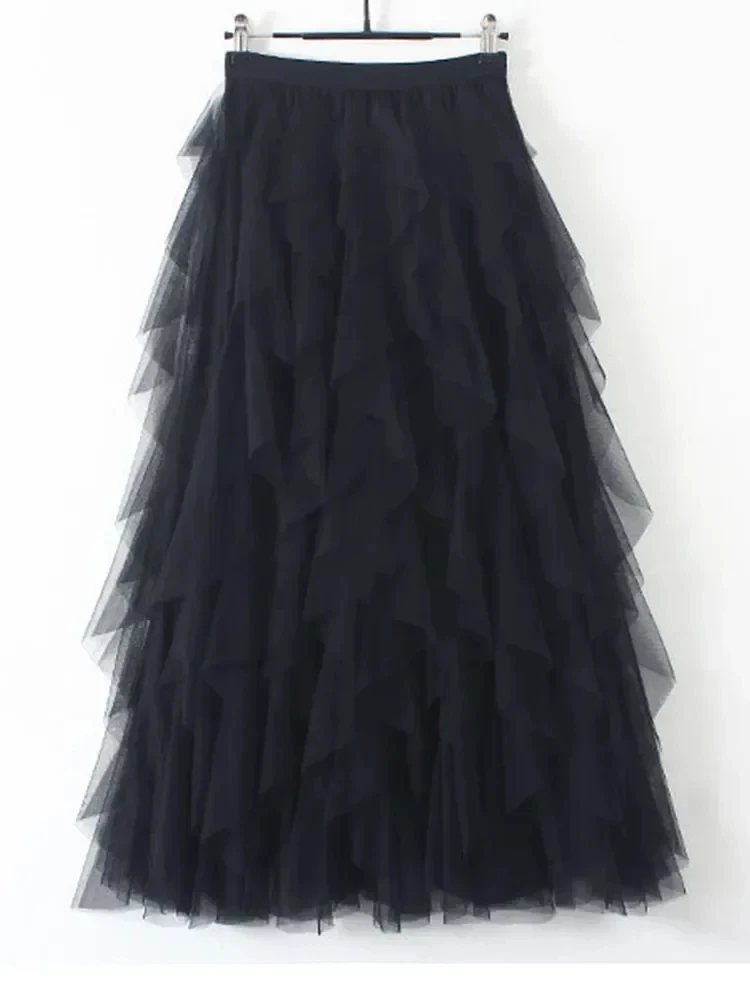 Spring 2024 Korean version elastic waist fashionable versatile slimming mesh splicing irregular mid length high waist skirt