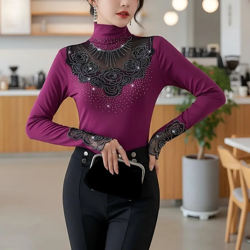 

2026,European,Clothes,Cotton,T-Shirt,Fashion,Sexy,Turtleneck,Patchwork,Lace,Shiny,Diamonds,Women,Tops,Long Sleeve,Tees,512001