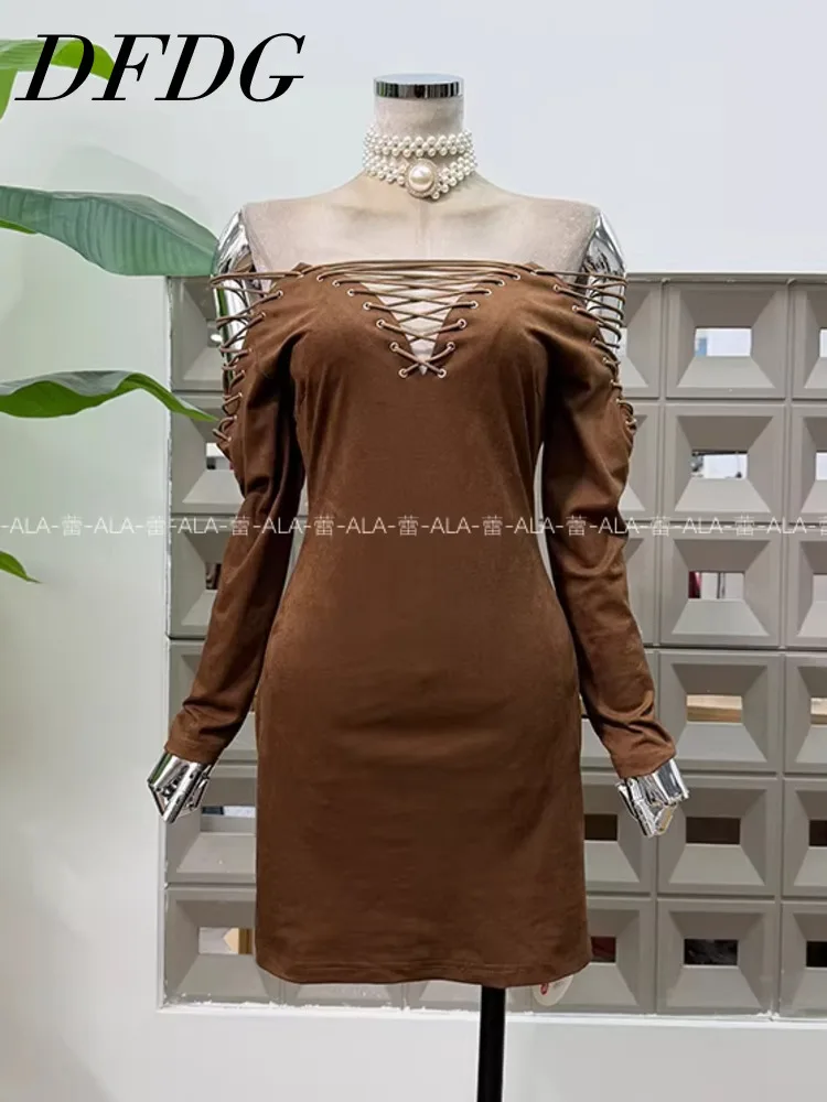 DFDG Damska Sukienka Bodycon na Wiosnę Lato 2025, Seksowna, Odkryte Ramiona, Wiązana na Krzyż, z Wycięciami, Długi Rękaw, Dopasowana, Niszowa Mini Sukienka na Imprezę