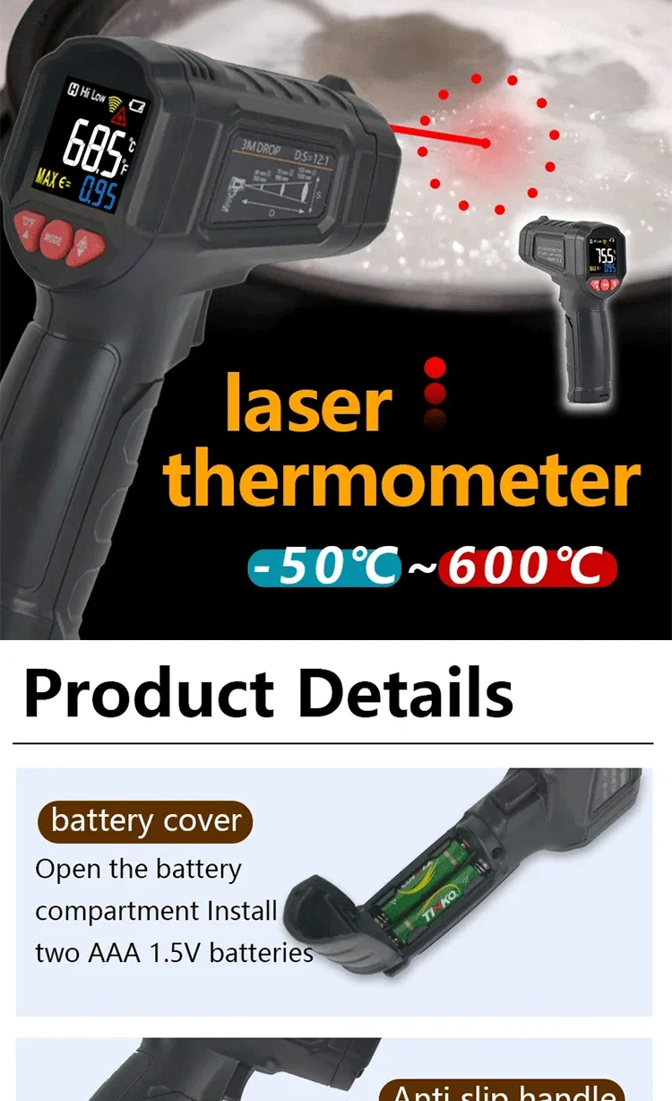 Digitales Thermometer Infrarot-Thermometer -50~600 ℃ 800 ℃ Berührungsloses Pyrometer für die Küche, Laser-Temperaturmessgerät und Hygrometer – Detail 6