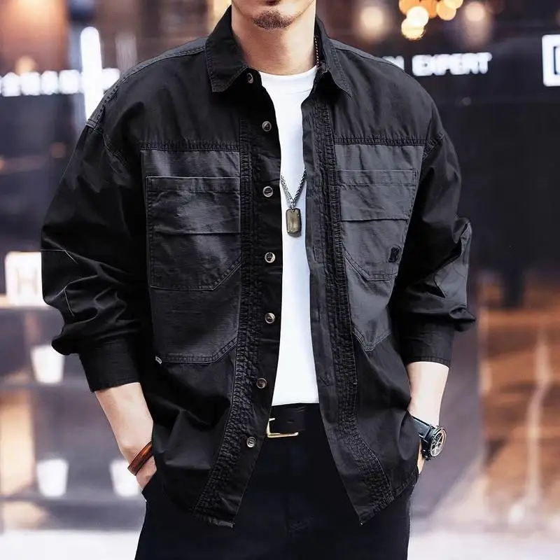 الرجال ربيع الخريف جديد عصري المرقعة البضائع طويلة الأكمام قميص فضفاض وسيم بلايز عادية #3