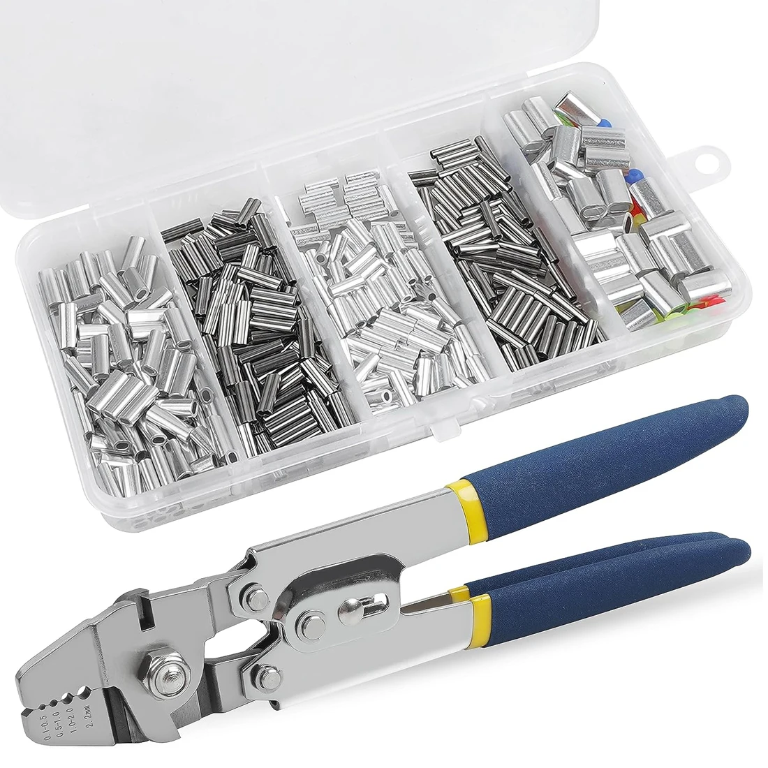 Stainless Steel Fishing Crimping Pliers Wire Rope Crimping Tool with 410pcs 5 Sizes Aluminum Copper Barrel Crimp Sleeves Beads