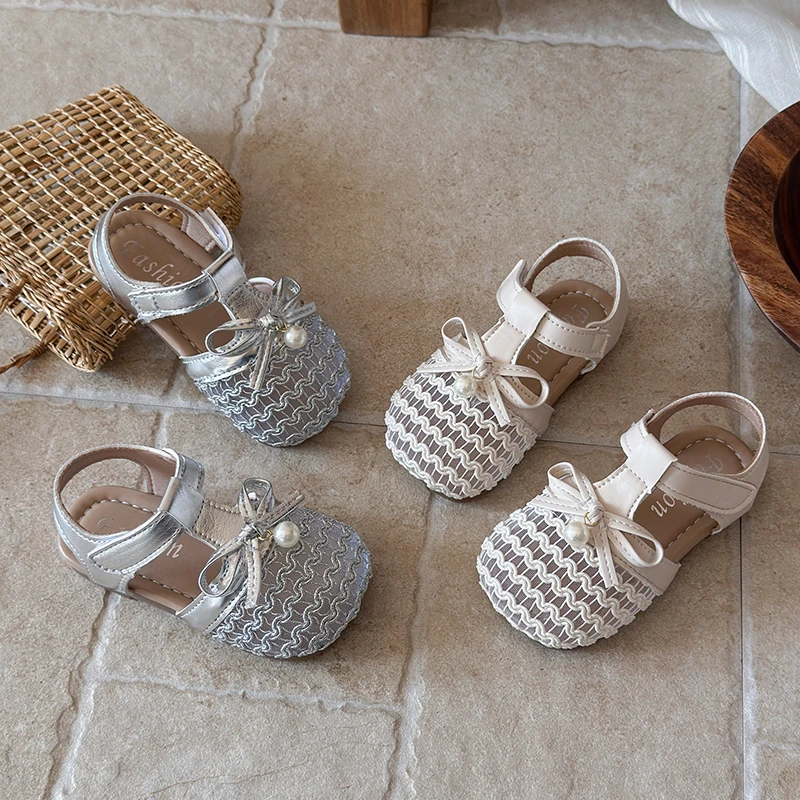 

Kids Mesh Sandals New Summer Fashion Girls Woven Princess Shoes with Bow Lightweight T-strap Causal Children Dress Flat Sandals