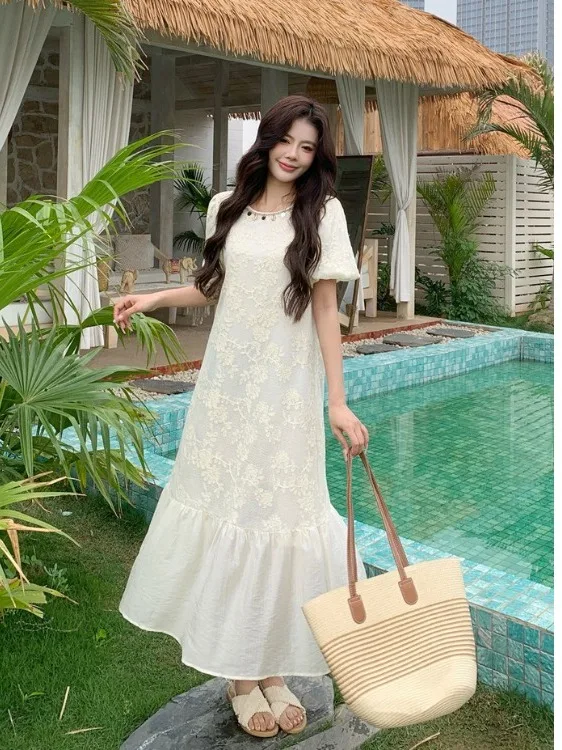 

plus Size Women's Summer New Style Embroidered Floral Bubble Sleeve Dress Slimming Waist High Waist Long Dress Korean Style