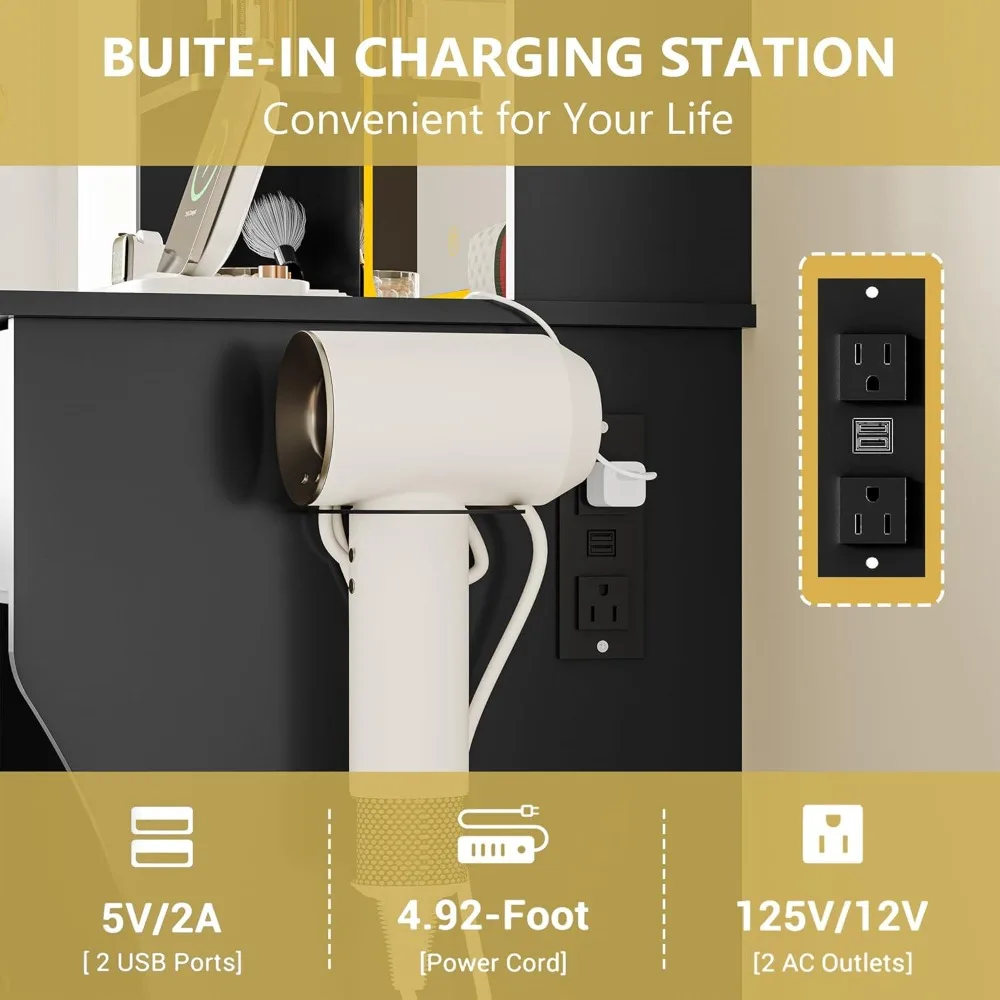 مكتب زينة مكياج مضاء بإضاءة LED مع مخرج طاقة، وأدراج تخزين مدمجة وكرسي، و3 خيارات إضاءة