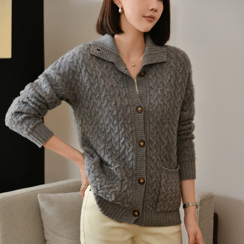 

Женская водолазка, утепленный витой кардиган, пальто, свитер из 100% мериносовой шерсти, повседневный вязаный топ, осенне-зимняя теплая верхняя одежда