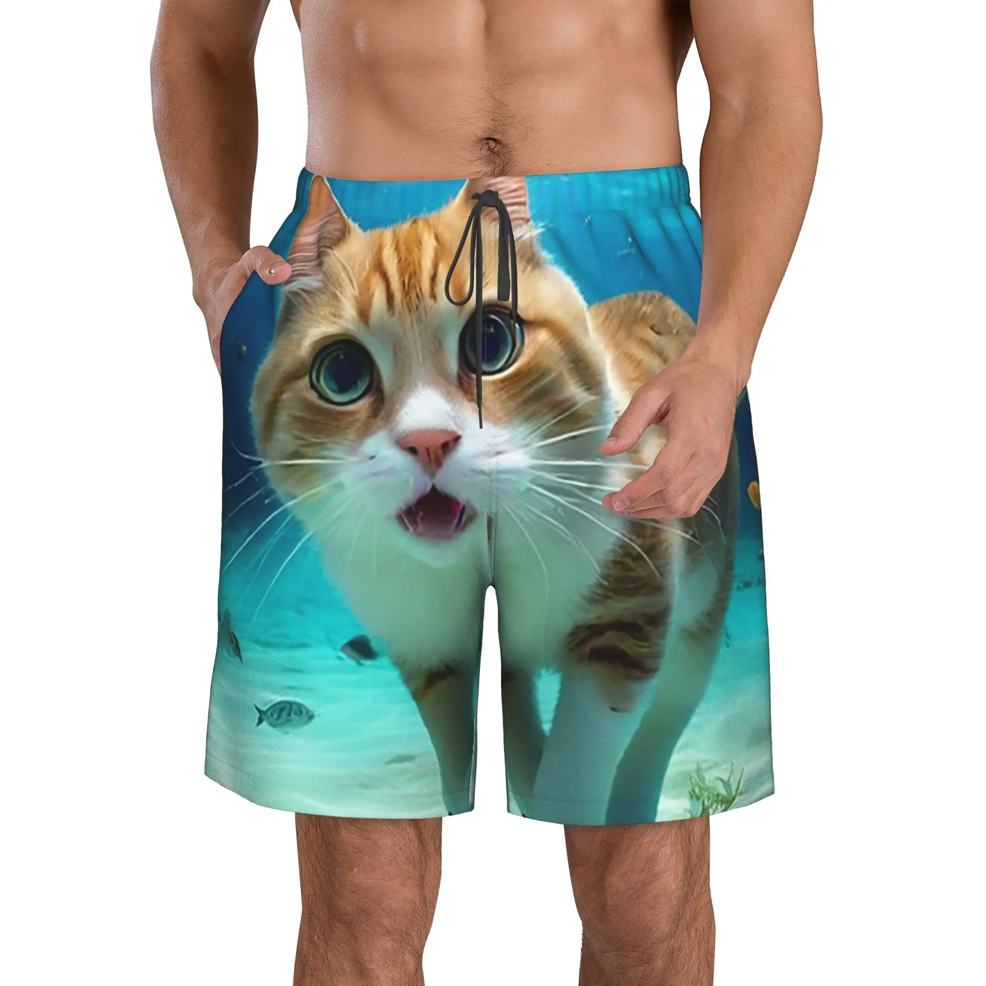 Orange Cat Swimming In The Water Trunks Beach Board Shorts Casual Quick Dry Swim Summer Men Pants