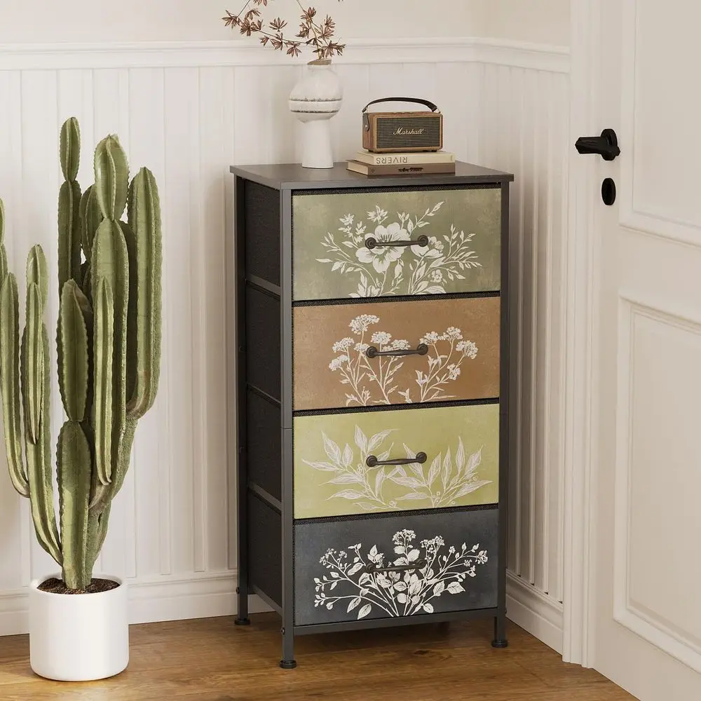 

Rustic Multi-Drawer Nightstand with Neutral Fabric and Botanical Plant for Bedroom or Bathroom Storage