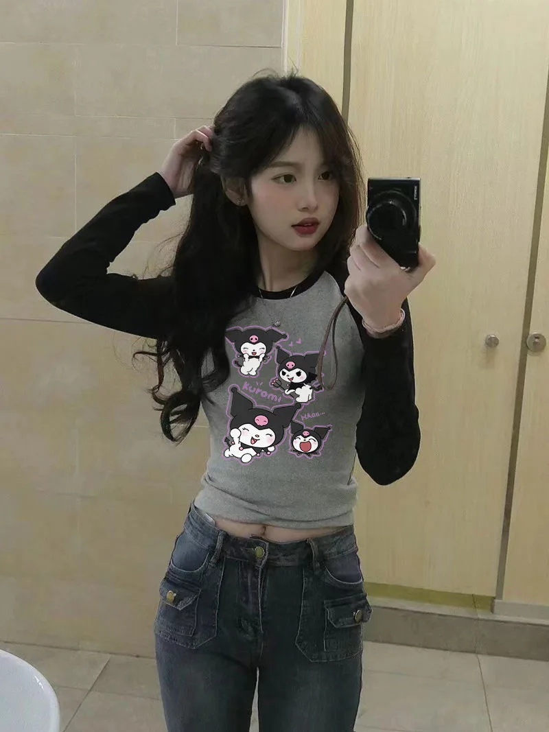 Sanrio Kuromi  Printed Slim Fit Shoulder Long Sleeved T-shirt Women New Patchwork Color Contrast Kawaii Clothes Crop Top Women