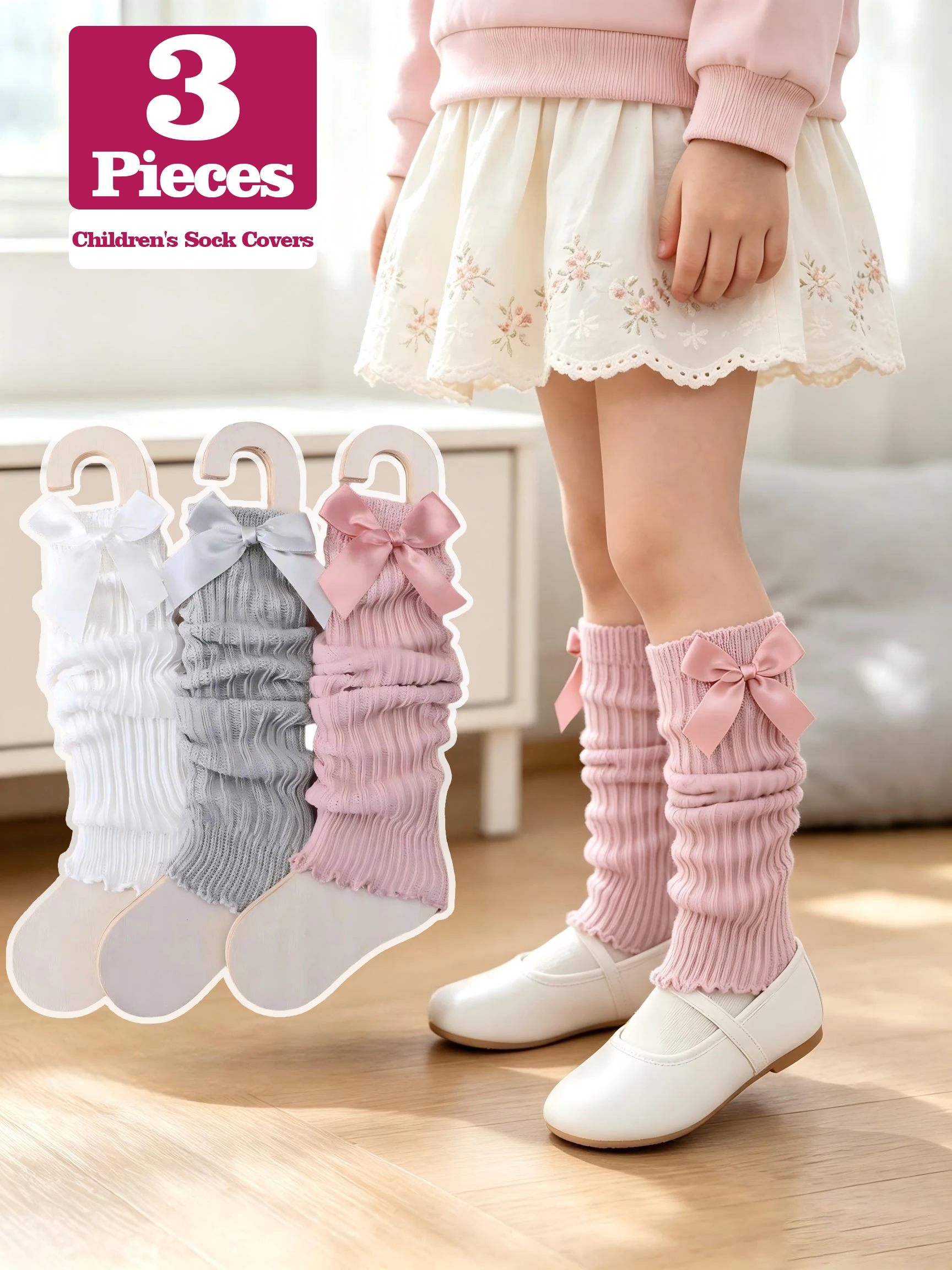 3Pairs Girls Bow Knit Leg Warmers Solid Color Lolita Slouch Sock Covers Kids Mid‑Calf Leggings Socks For 2‑11Y Girls All Seasons