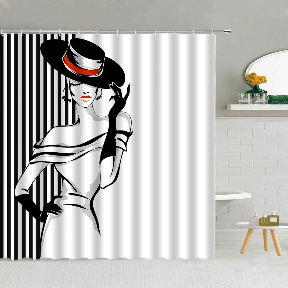 

Fashion Girl Striped Shower Curtain Sexy Red lips High-heeled Flower Woman Bathroom Decor Screen Waterproof Cloth Hooks Curtains