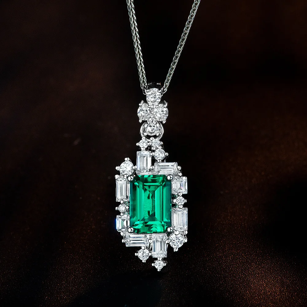 

2023 new 925 silver niche design 4ct rectangular chamfered car cultivation emerald 7 * 10 pendant versatile necklace 60cm