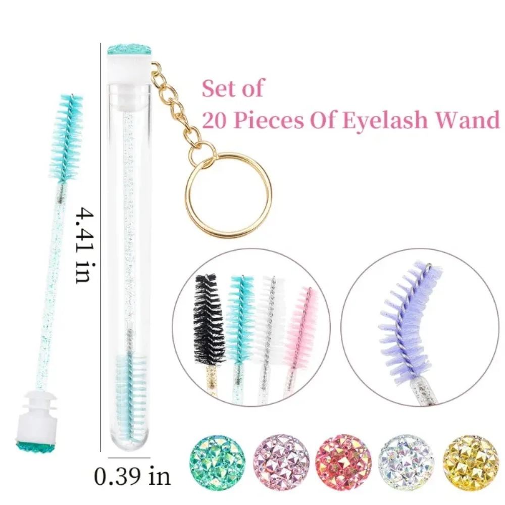 20pcs Keyring Eyelash Spoolies Brush Mascara Wand Tubes with Diamond Key Chain Eyelash Extension Makeup Tools