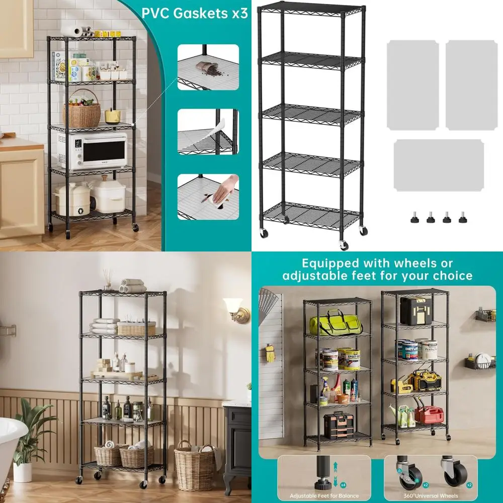 

Wire Mesh 5-Shelf Storage Organizer with Wheels for Kitchen, Closet, Pantry, Laundry, and Garage - Black