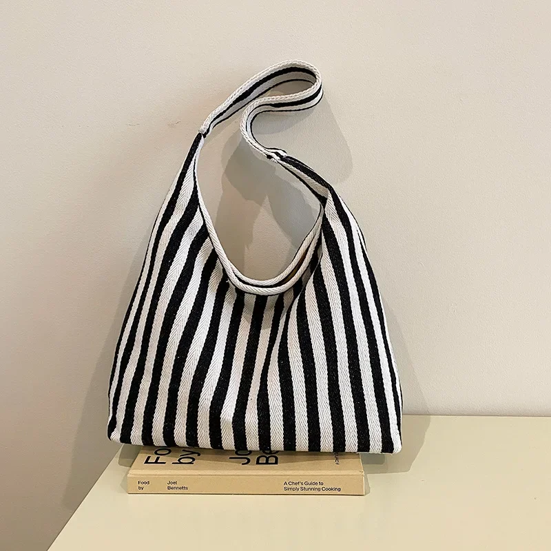 2024 Autumn New Casual Large-capacity Canvas Tote Bag Striped Contrasting Color Design Shopping Bag Shoulder Messenger Bag