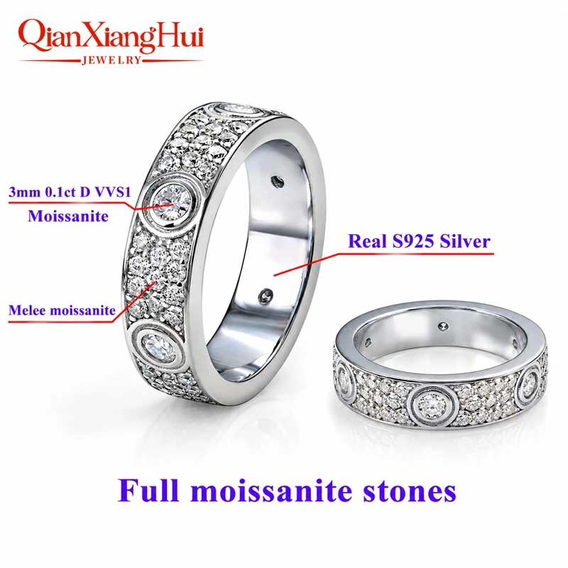 S925 Silver Solid Rings Classic Love Three Rows Of Luxury Eternity Ring D VVS Moissanite Wedding Engagement Ring Ladies Men