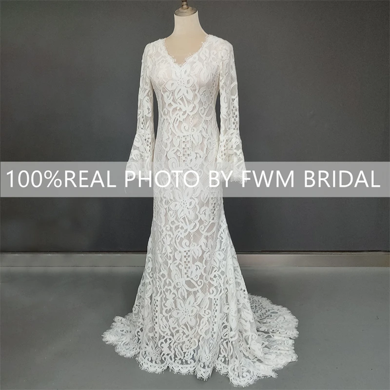 4496# Real Photos Long Sleeves Sweep Train Sheath Wedding Dress Lace Low Back V-neck Bridal Gown For Women Bohemia