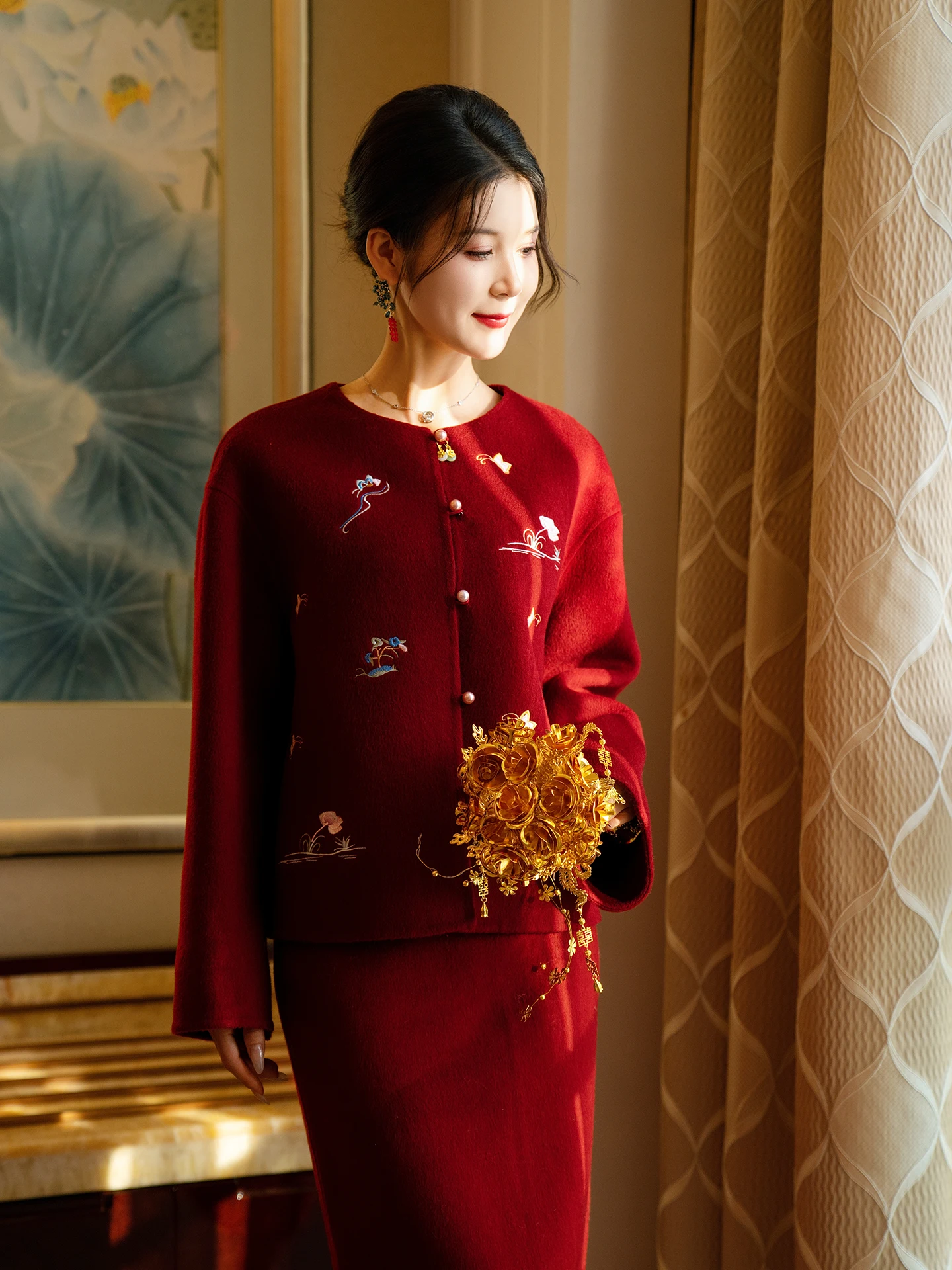 

Красный свадебный комплект пальто для невесты, шерстяная китайская юбка трапециевидной формы для помолвки, подарок, длинная свековая круглая юбка трапециевидной формы