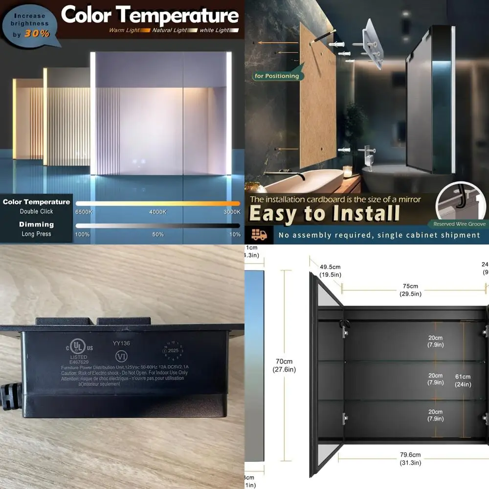 Armoire à pharmacie murale éclairée par LED avec ports USB, désembueur, lumière 3 couleurs, miroir de maquillage à intensité variable, installation facile, 31x