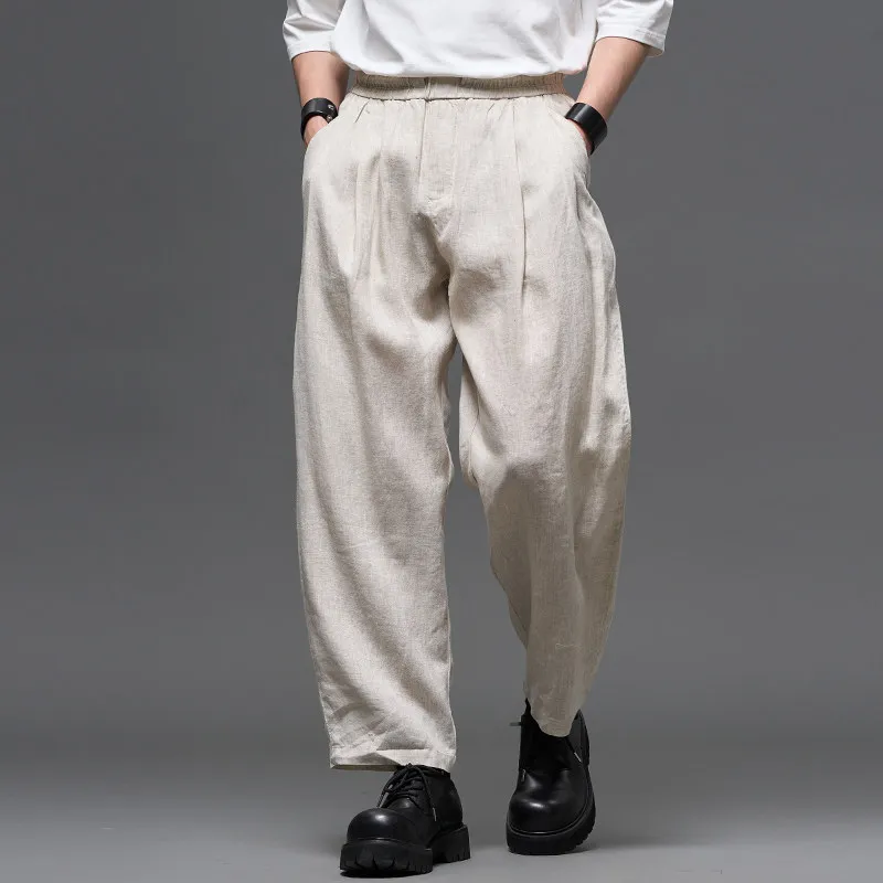 High Quality Linen Japanese-Style Retro Old Money Style Wide Leg Pencil Pants Loose Casual Men's Idle Style Casual Trousers