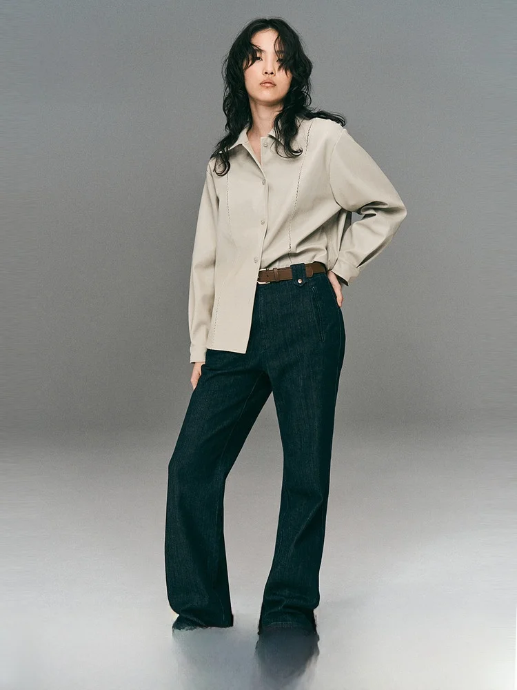 

H&M Women's Loose Fit Leather Shirt Summer Coated Air Warm Long Sleeve Cleanfit Polyester Fashionable Casual Business Shirt