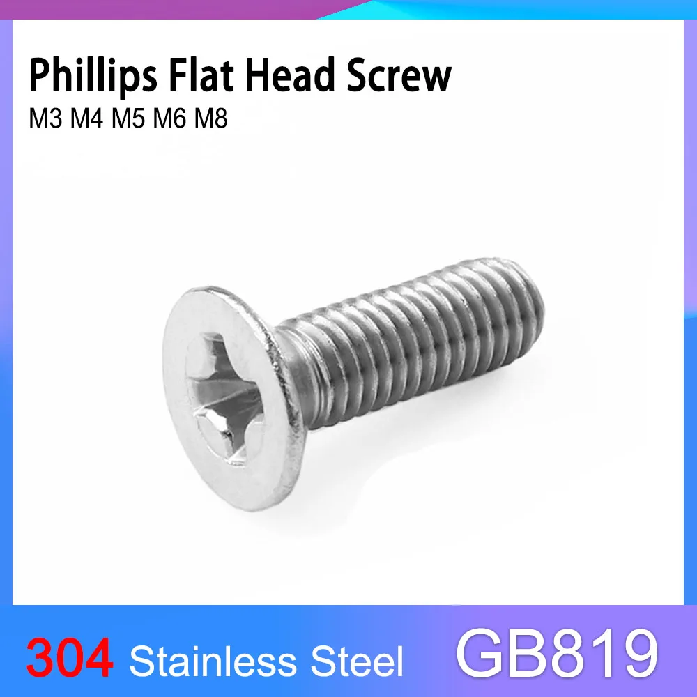 

15-150pcs M3 M4 M5 M6 M8 GB819 A2 304 Stainless Steel Cross Phillips Flat Countersunk Head Screw Bolt Length=4-100mm