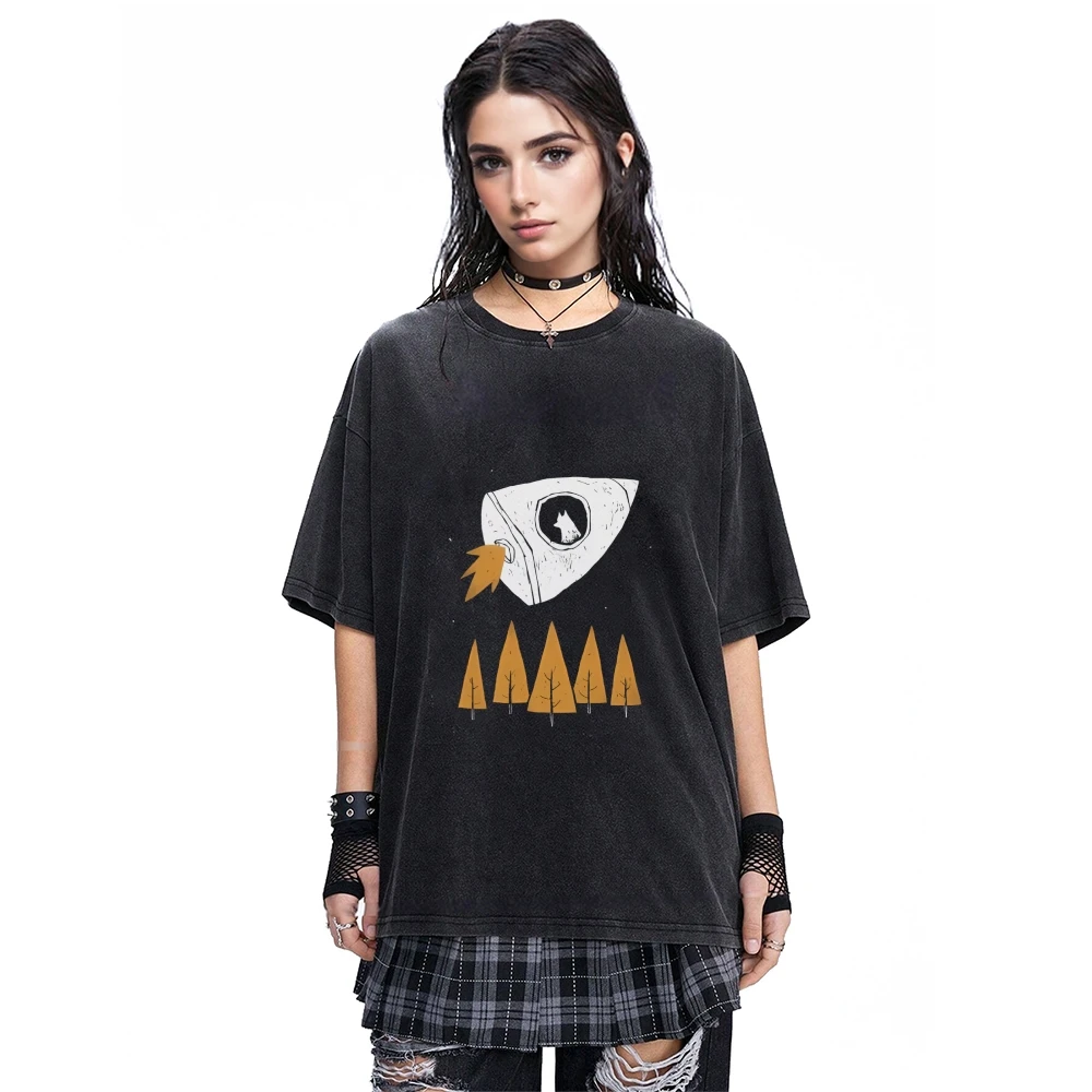 เสื้อยืด Rocket Fox ดีไซน์ป่าแปลกตาฤดูร้อนลำลองหลวมแขนสั้นผ่อนคลายสนุกสนานเสื้อผ้าแฟชั่นที่ไม่ซ้ำกัน