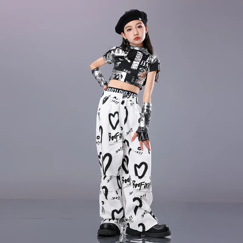 Hip Hop Kinder Cool Crop Top Street Dance Liebe Hosen Mädchen Streetwear Kinder Jazz Cheerleader Kostüme Teenager Bühne Kleidung Sets