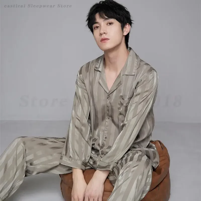 Large Size 3XL Men Pajamas Set Striped Long Sleeves Shirt&Trousers Sleepwear Home Wear Sexy Nightwear Autumn Summer Loungewear
