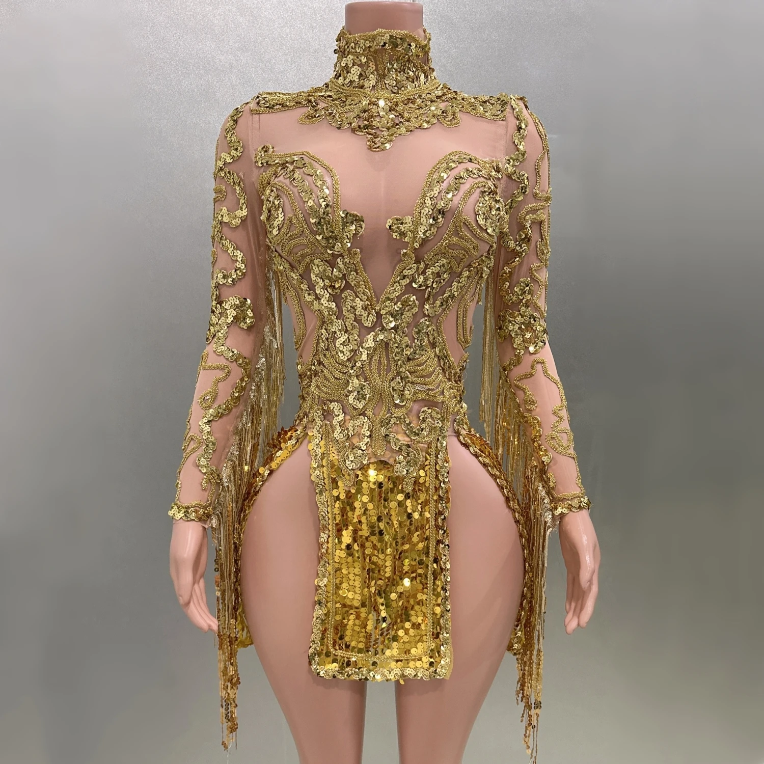 

Sexy See-Through Mesh Splicing Gold Sequin Slit Sheath Dress Birthday Evening Party Performance Costume Singer Dancer Stage Wear