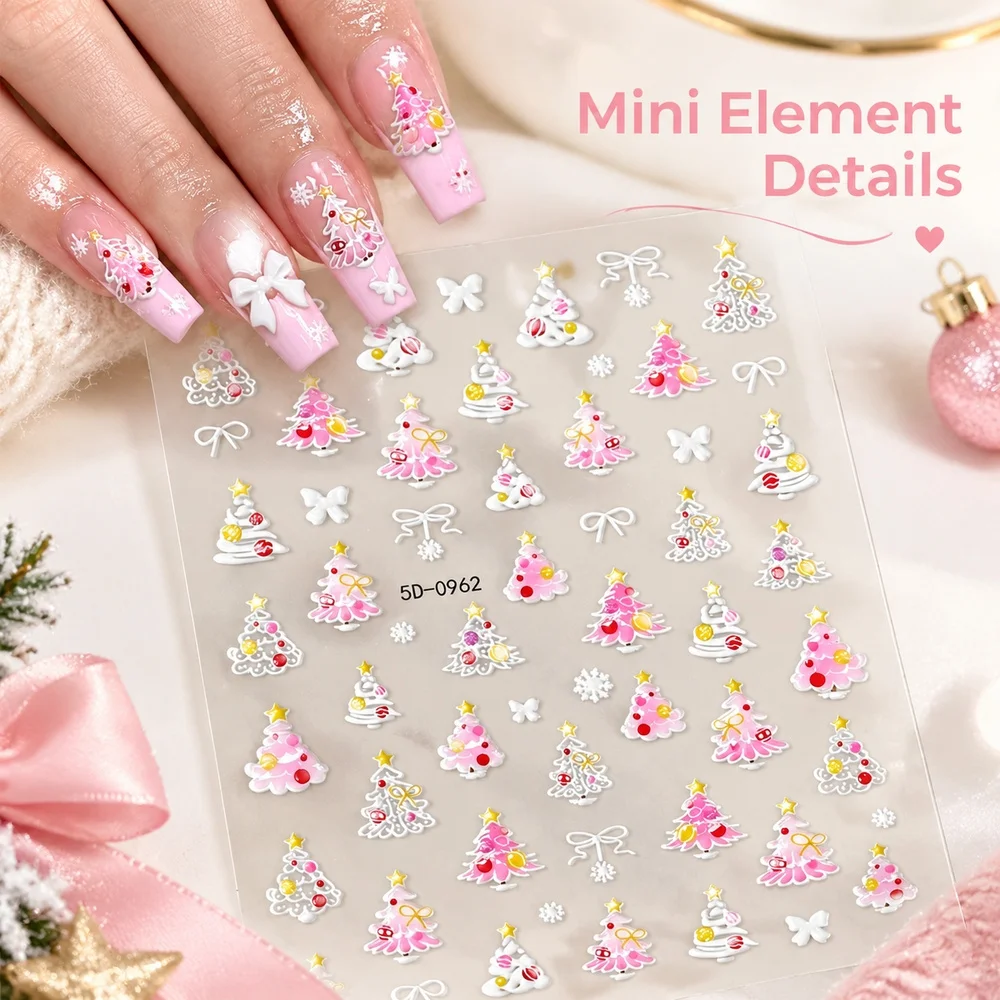 1Pc Vintage Nail Decals 5D Pink Xmas Tree Bow Snowflake Embossed Self Adhesive Sliders Christmas Party Nail Art Decor Set