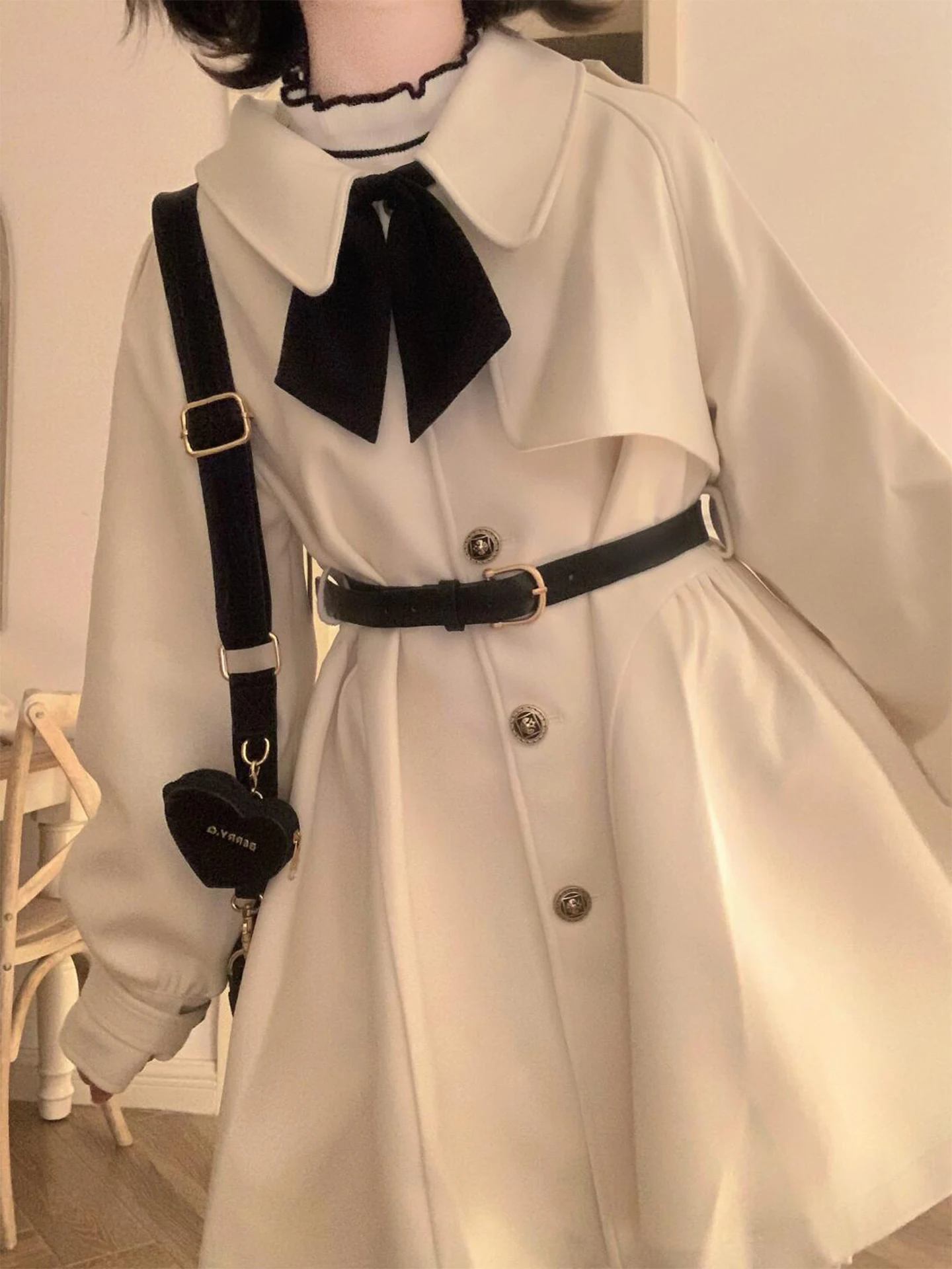 

Commuting Style Small Cape Dress for Women Japanese Sweet Cute Bow Dress 2025 Autumn Winter Women Single-Breasted Dress