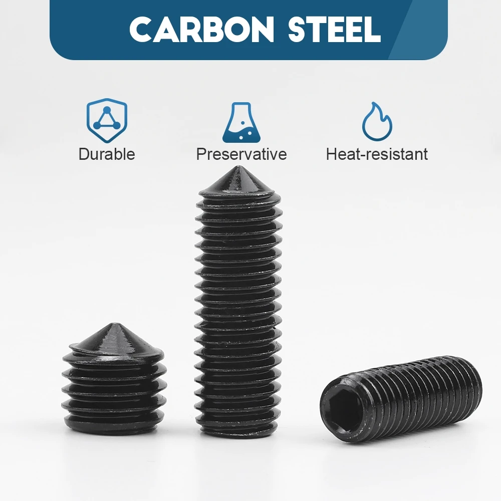 3~50pcs M2 M2.5 M3 M4 M5 M6 M8 M10 Black Carbon Steel Hex Allen Socket Grub Screws Cone Point Set Screw