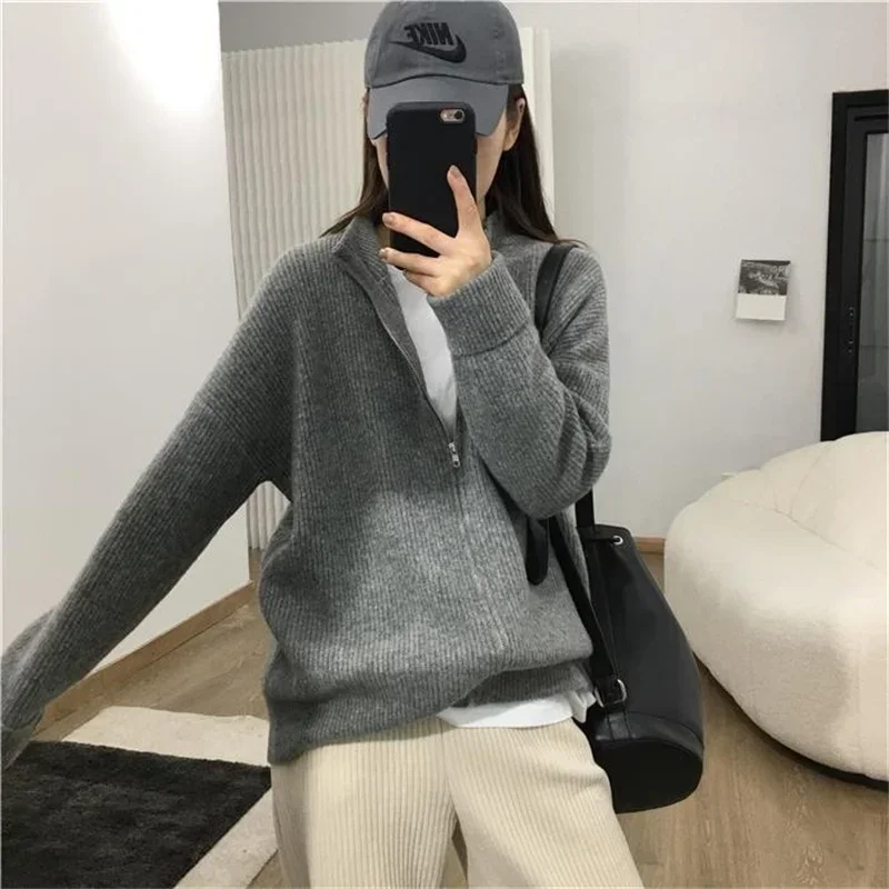 Women Sweater Autumn Winter Loose Casual Cardigan Zipper Solid Color Stand-Up Collar Soft Warm Cashmere Knitwear Fashion Tops