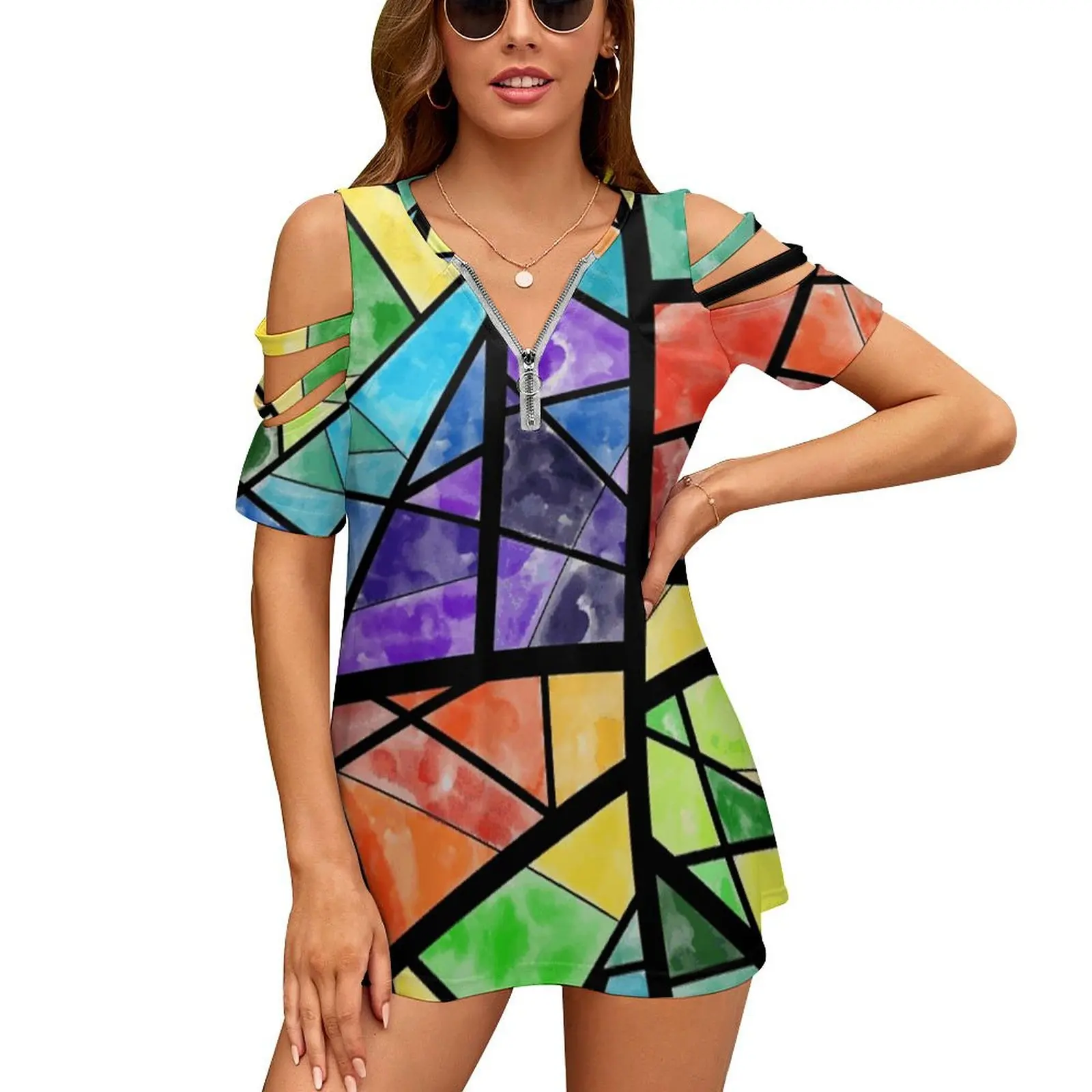 Stained Glass Dark New Fashion Zip Off Shoulder Top Short-Sleeve Women Shirt Stained Glass Window Shapes Abstract Watercolor