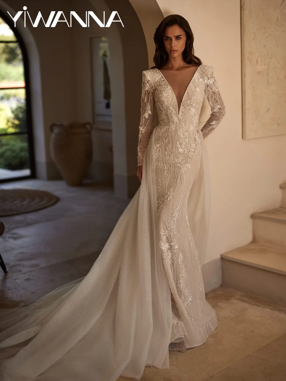 

Detachable Train Embroidery Wedding Dress Shiny Beads Floor-length Bridal Gown Customized Illusion Deep V-neck Dresses For Bride