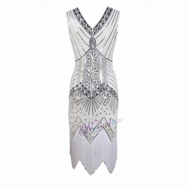 Women 1920s Vintage Great Gatsby Dress Sequin V-Neck Tassel Bodycon Beaded Party Flapper Dress Ballroom Tango Latin Dance Dress