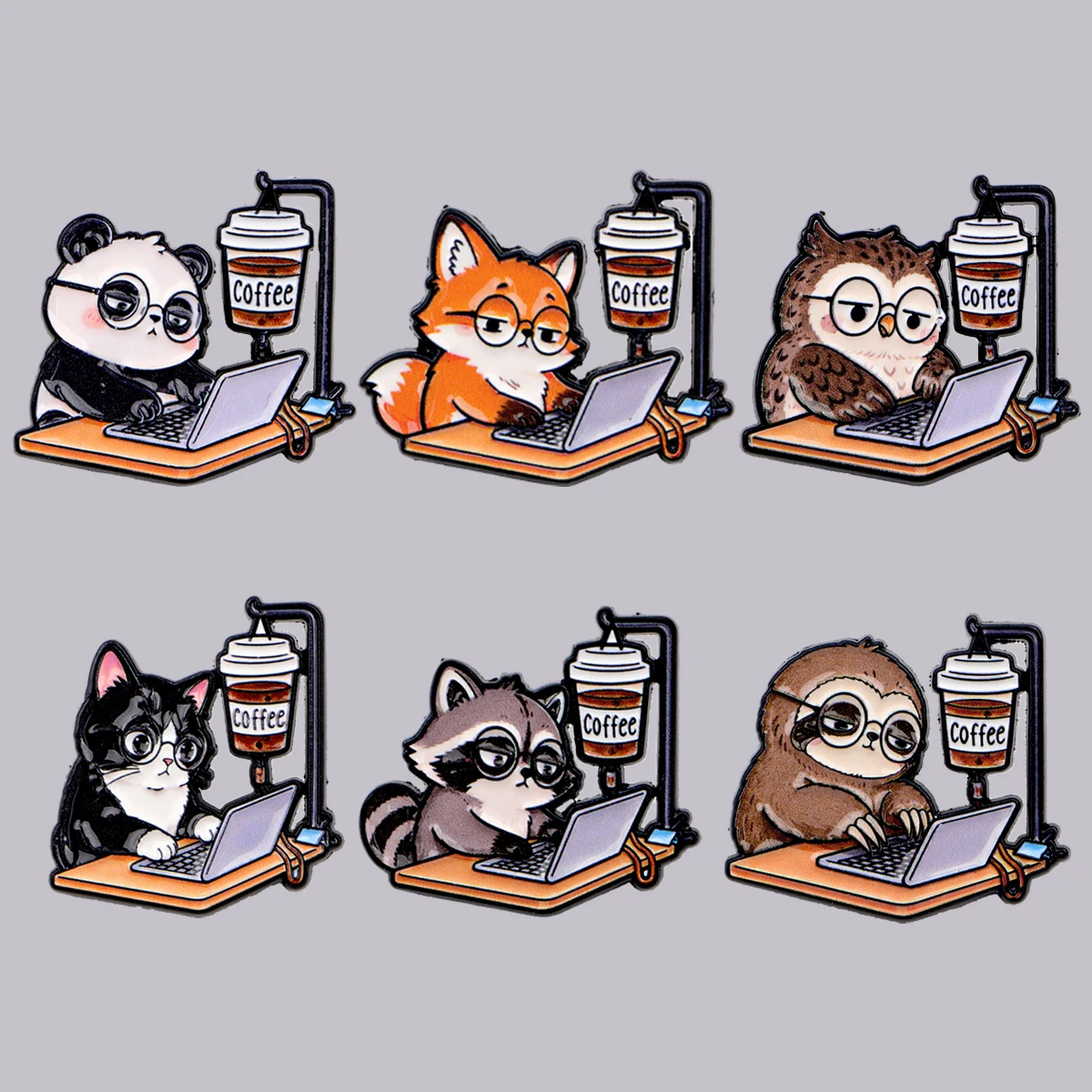 Coffee Animal Enamel Pin Work Panda Cat Fox Raccoon Brooch Pines Lapel Pins Badge on Backpack Clothing Accessories Jewelry Gifts