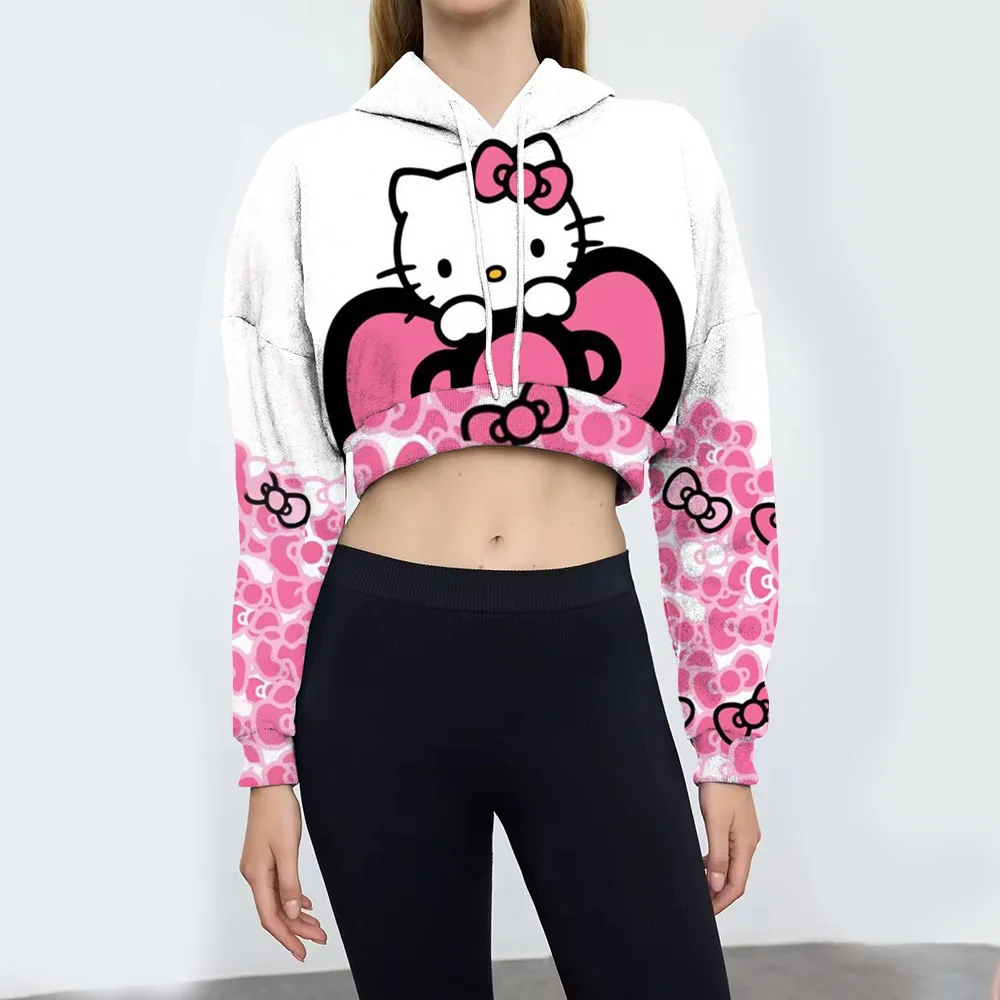 

Spring and Autumn Hello Kitty print Contrasted Shoulder Long Sleeve POLO Collar Hoodie Women's Short Top Trendy
