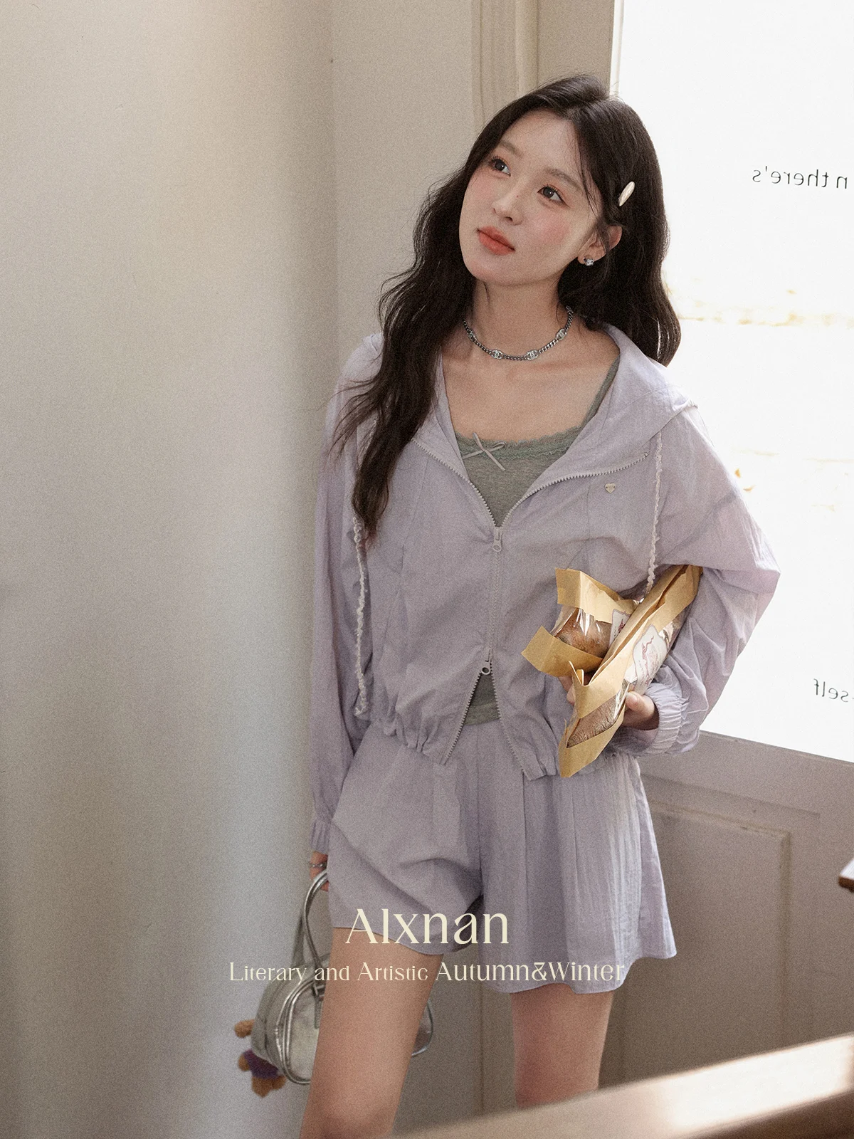 ALXNAN Purple Hoodies Short Zipper Drawstring Loose-fit Sweatshirt 2025 Autumn Thin Casual Long Sleeve Coats Female L56706