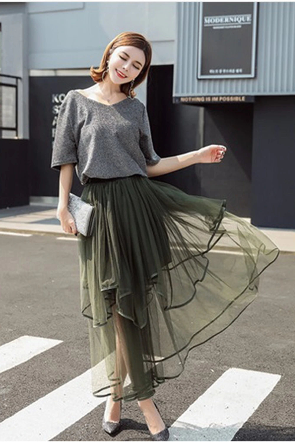 BABYONLINE Women's Asymmetrical Tulle Skirt Fashion High Street Dress Elastic Waist Ribbon Edge Casual Party Evening Underskirt