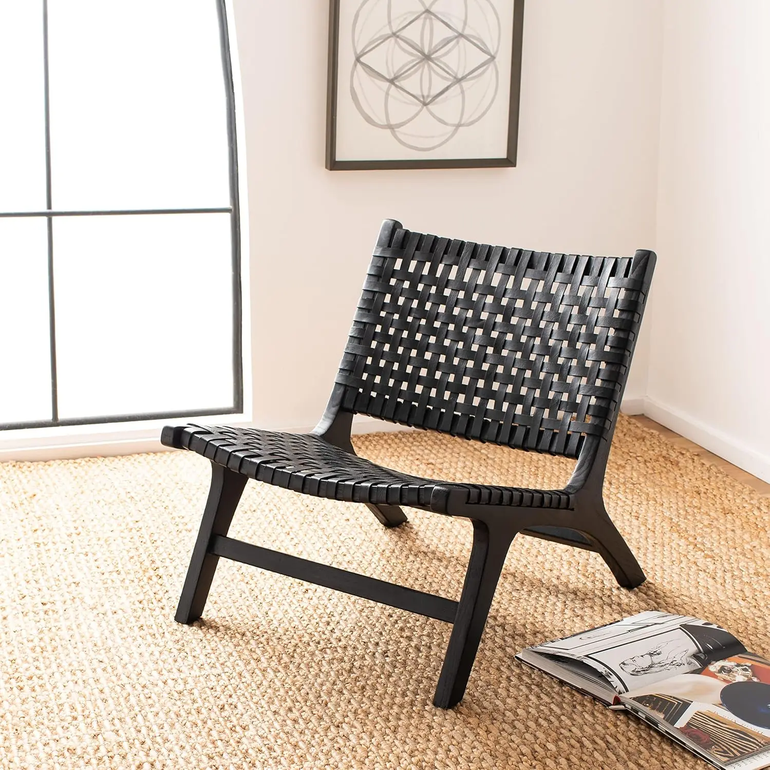 Home Luna Black and Black Leather Woven Accent Chair