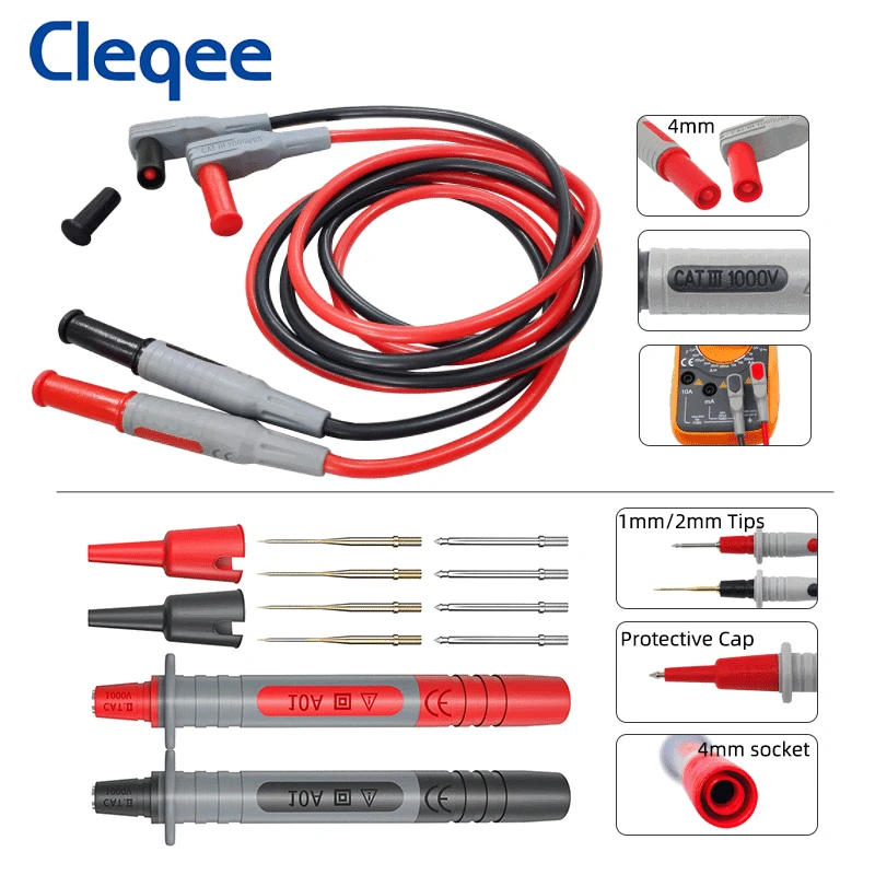 Cleqee P1308C Kit de cables de prueba de multímetro con enchufe Banana, Cable de gancho de prueba, sonda de punción, aguja reemplazable, pinza de cocodrilo, 20 Uds.