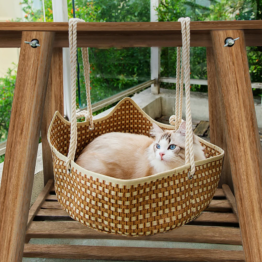 

Cat Hammock Hanging Bed Summer Sleeping Cool Nest Handwoven With Hook Cotton Rope For Indoor Outdoor Pet Home